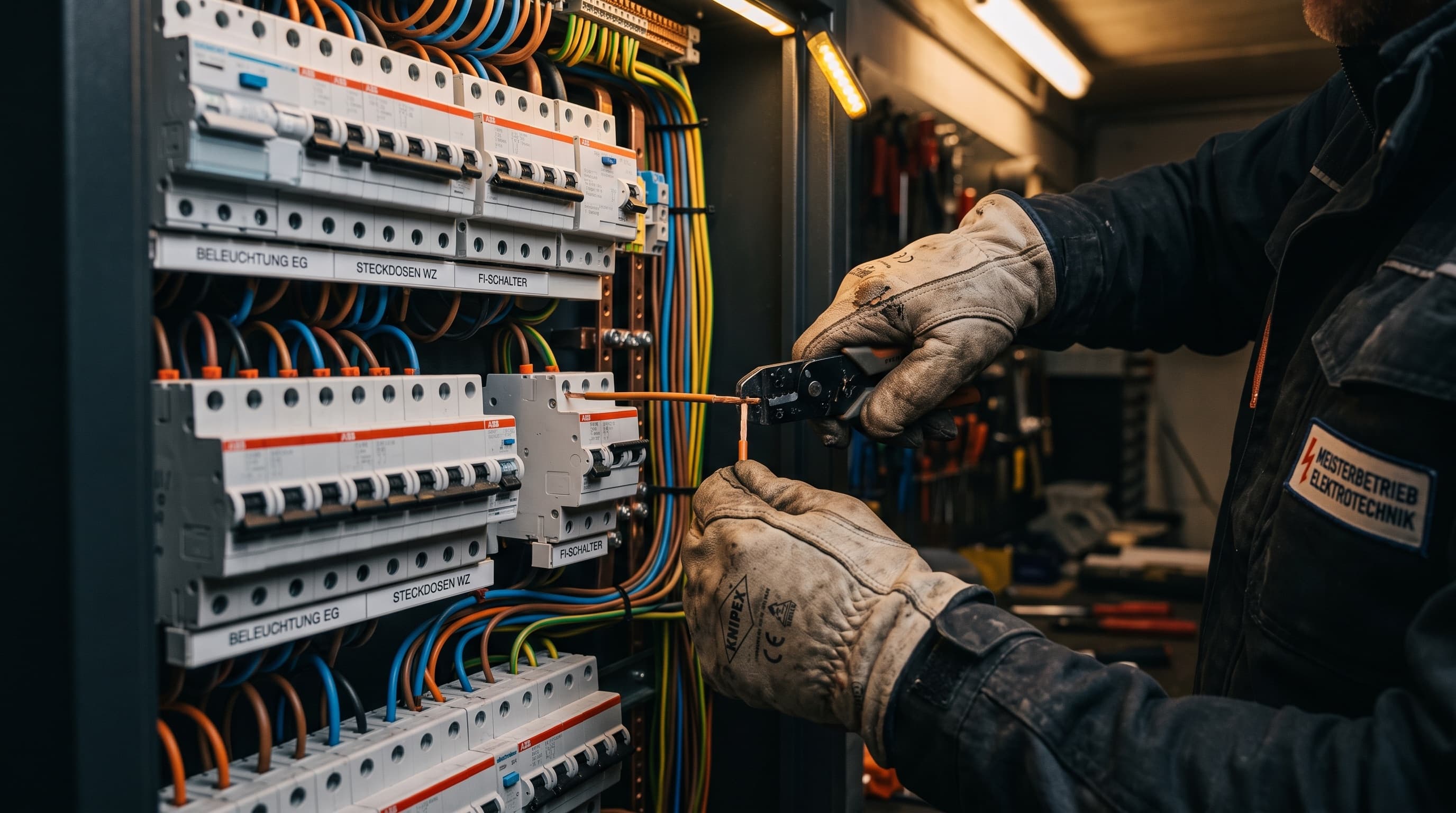 Elektromeister verdrahtet einen modernen Verteilerschrank