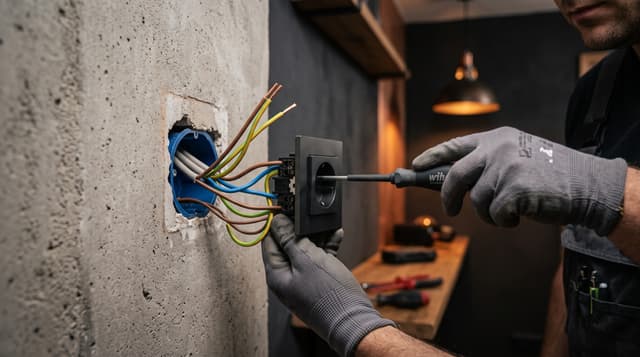 Elektriker installiert eine Unterputz-Steckdose