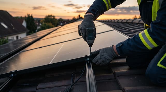 Monteur befestigt ein Photovoltaik-Modul auf einem Hausdach