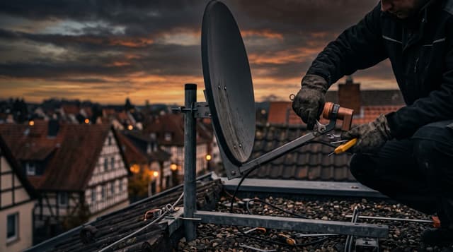 Satellitenschüssel wird auf einem Dach ausgerichtet