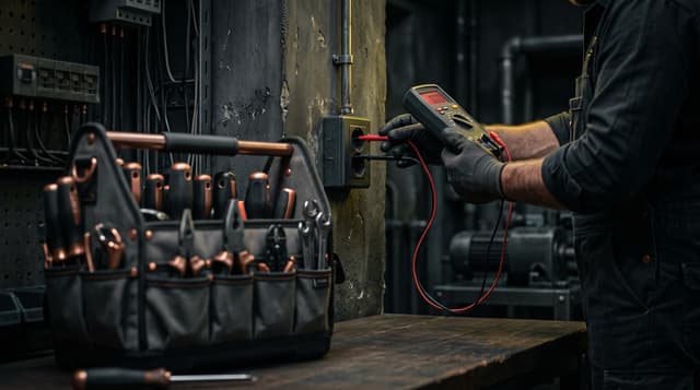 Elektriker prüft eine Steckdose mit dem Multimeter
