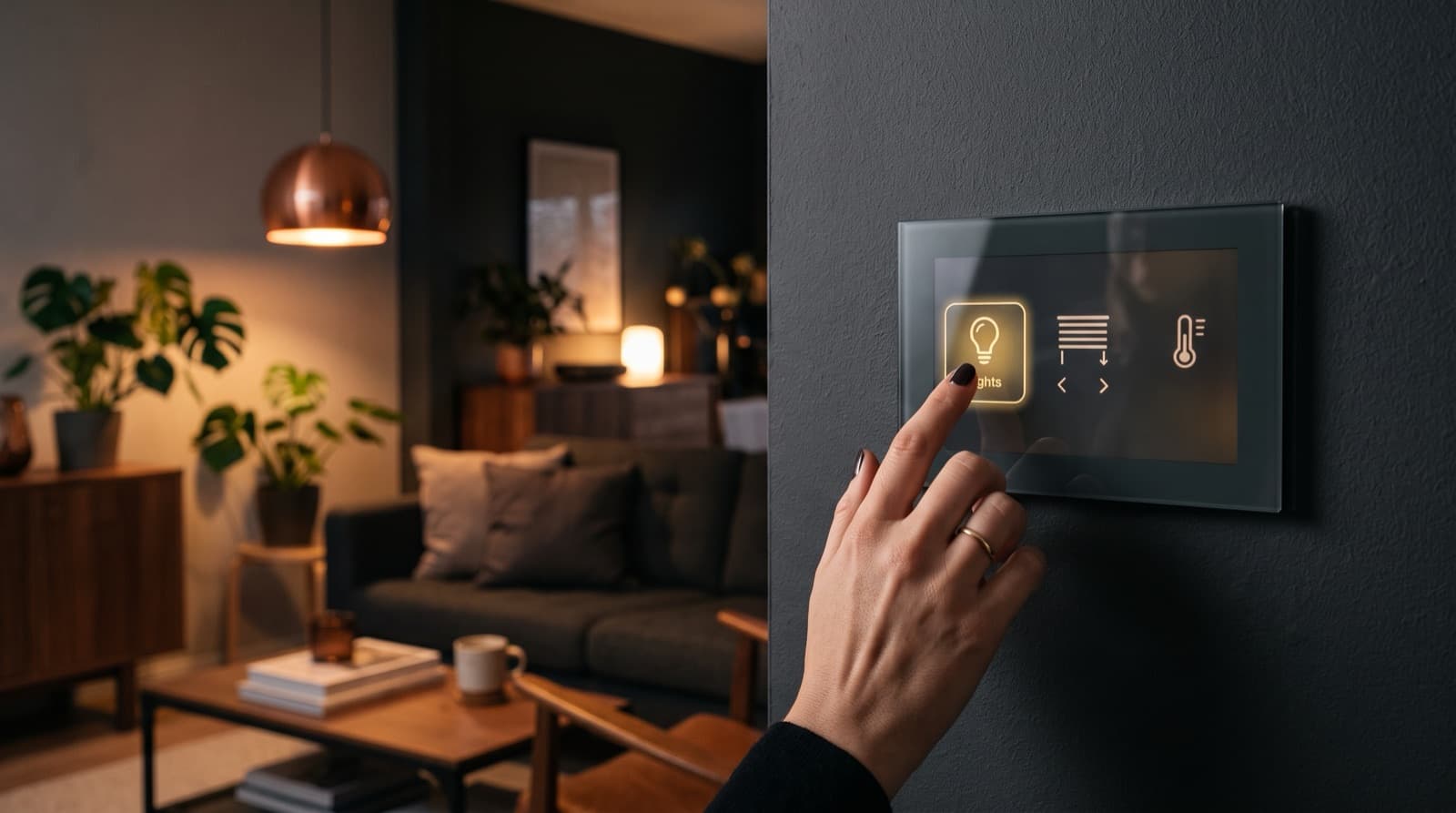 Hand bedient ein Smart-Home-Touchpanel im Wohnzimmer