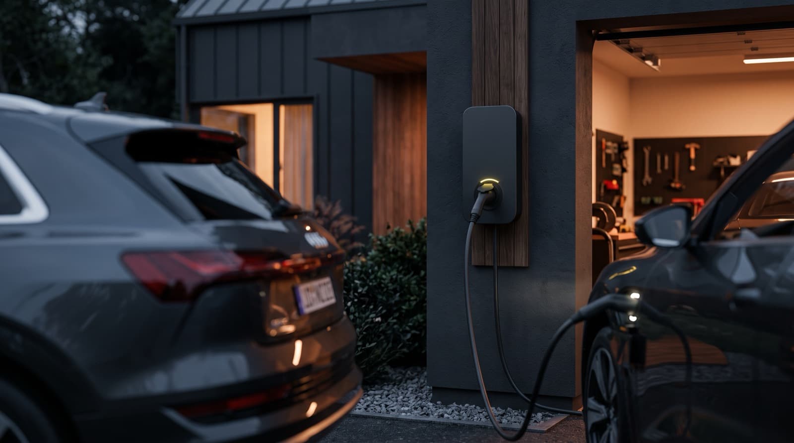Wallbox an einer modernen Hauswand lädt ein Elektroauto