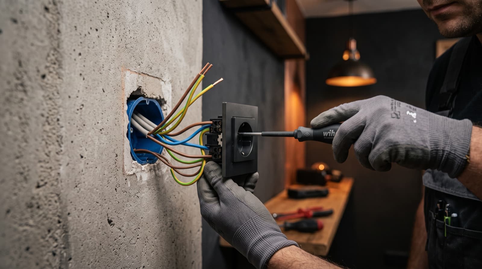 Elektriker installiert eine Unterputz-Steckdose