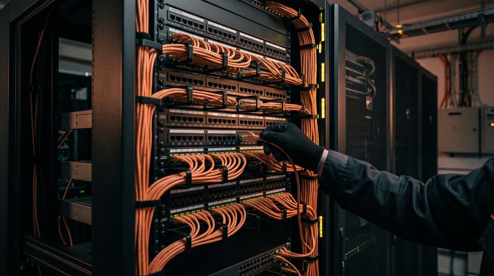 Sauber verkabelter Netzwerkschrank mit Patchfeldern