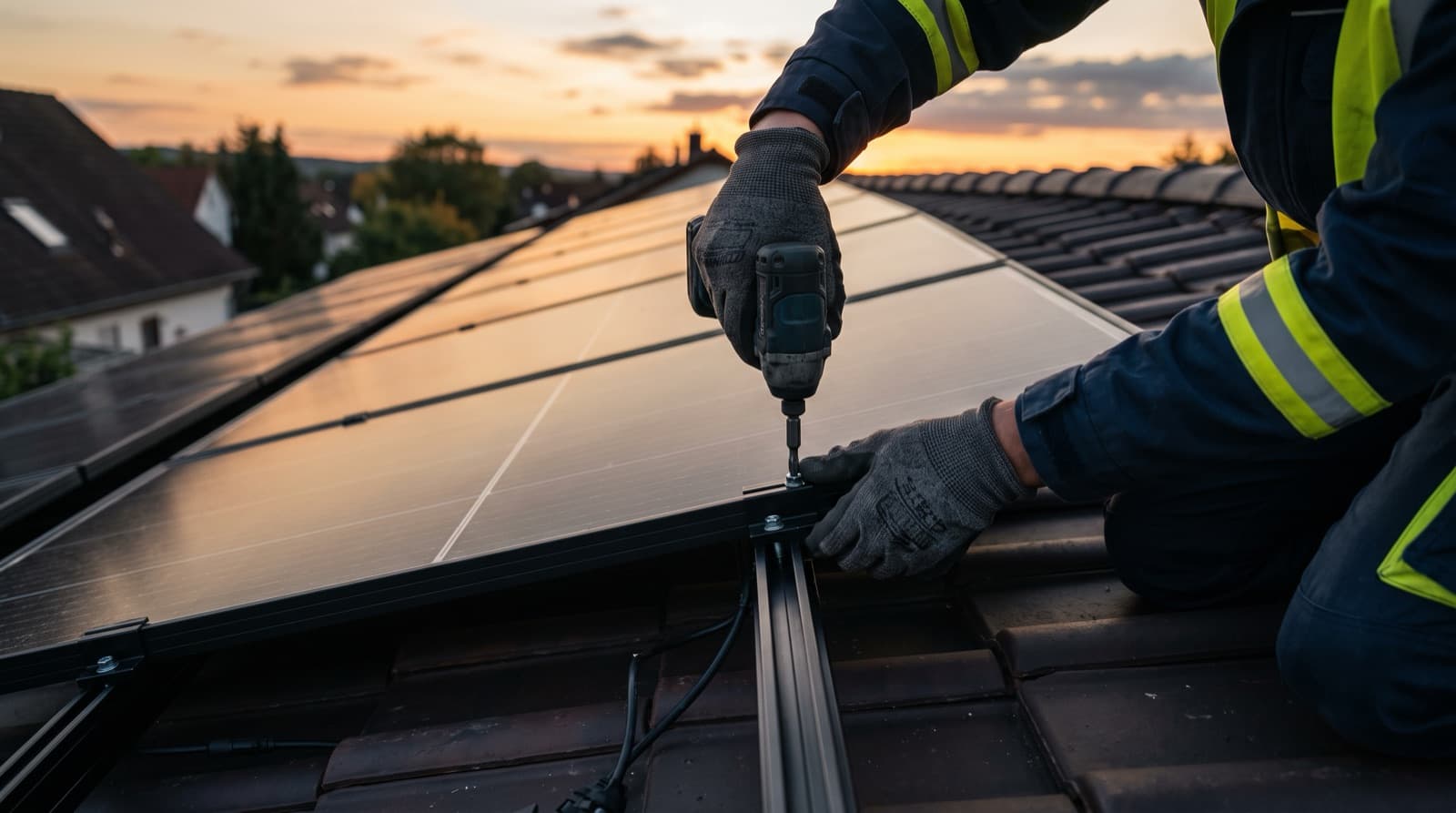 Monteur befestigt ein Photovoltaik-Modul auf einem Hausdach