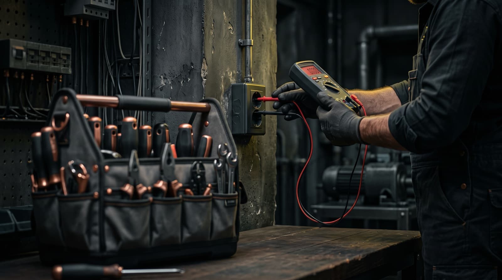 Elektriker prüft eine Steckdose mit dem Multimeter